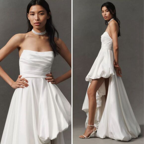 Mac Duggal 11685 Size 4 White Strapless Ruched Satin‎ High Low Gown Maxi Dress - Picture 2 of 5